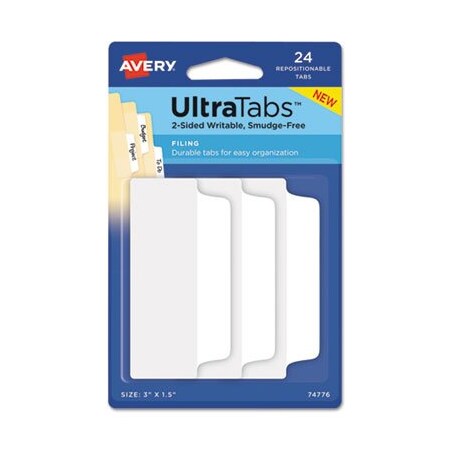 Avery Dennison Avery, ULTRA TABS REPOSITIONABLE WIDE TABS, 1/3-CUT TABS, WHITE, 3in WIDE, 24PK 74776